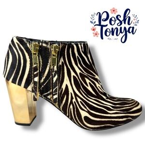 DV Dolce Vita Nimbus Zebra Print Ankle Boots Gold Heel Boho Western Chic Fur, 6